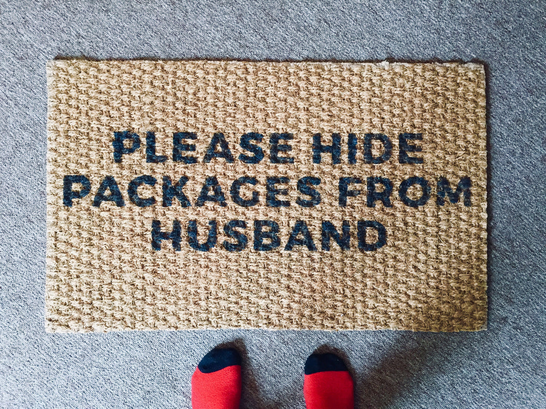 Funny Outdoor Welcome Mat - Please Hide Packages from Husband - Front Doormat, Outdoor Rug, Welcome rug - Holiday Christmas Gifts for her