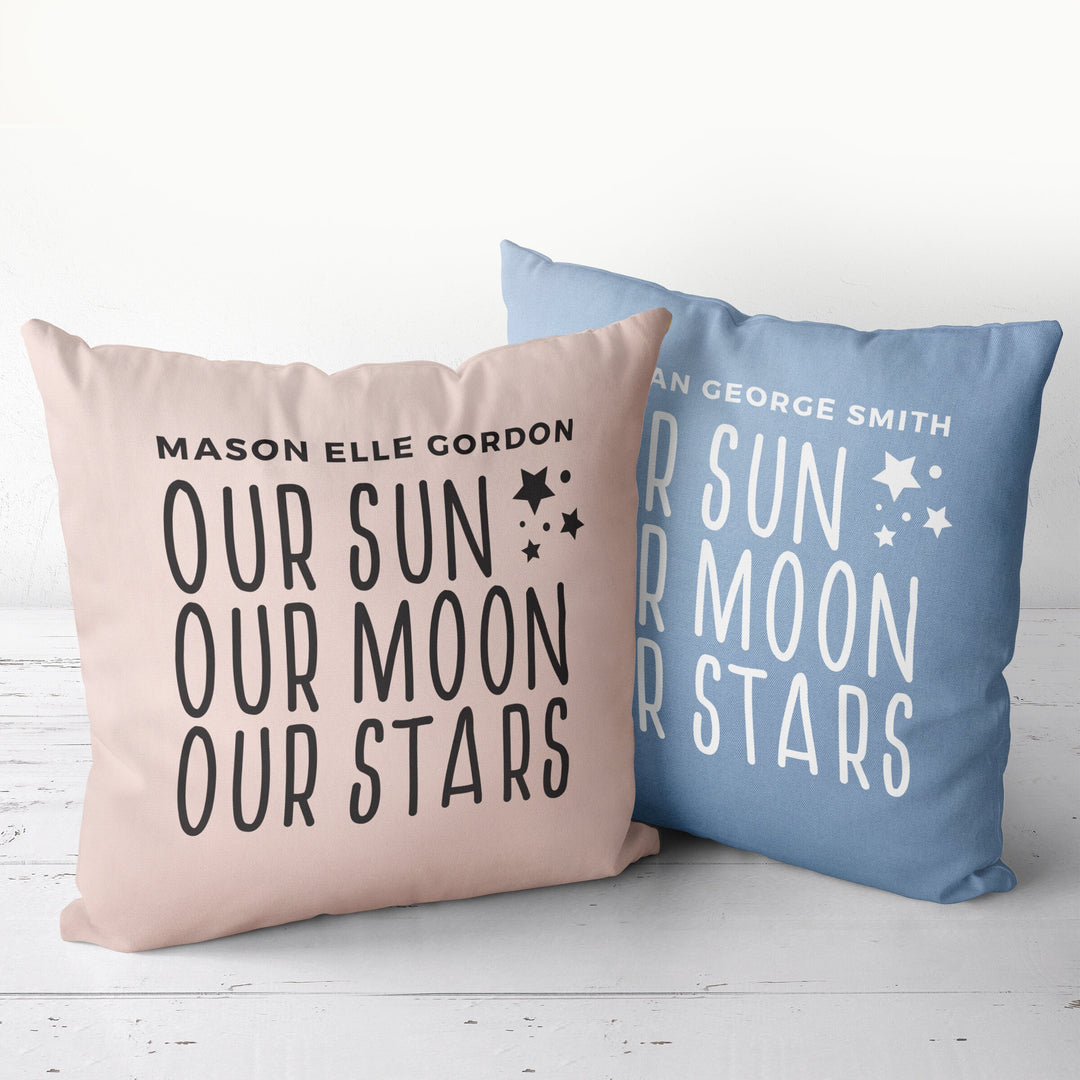 Custom Nursery Pillow with baby name, Our Sun Our Moon Our Stars, throw pillowcase, baby shower gift, customizable pillow personalized