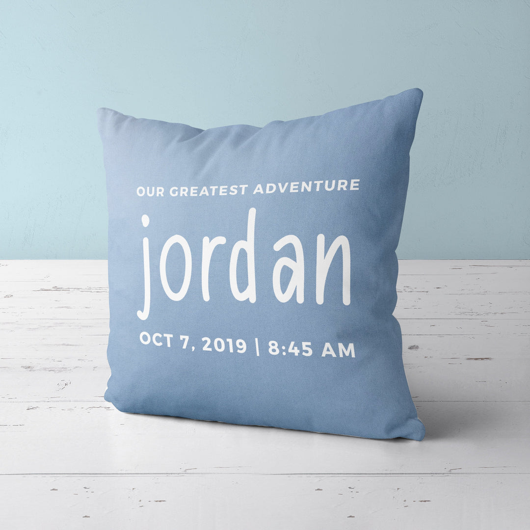 Custom Nursery Pillow with baby name, Our Greatest Adventure throw pillowcase, baby shower gift customizable pillow personalized