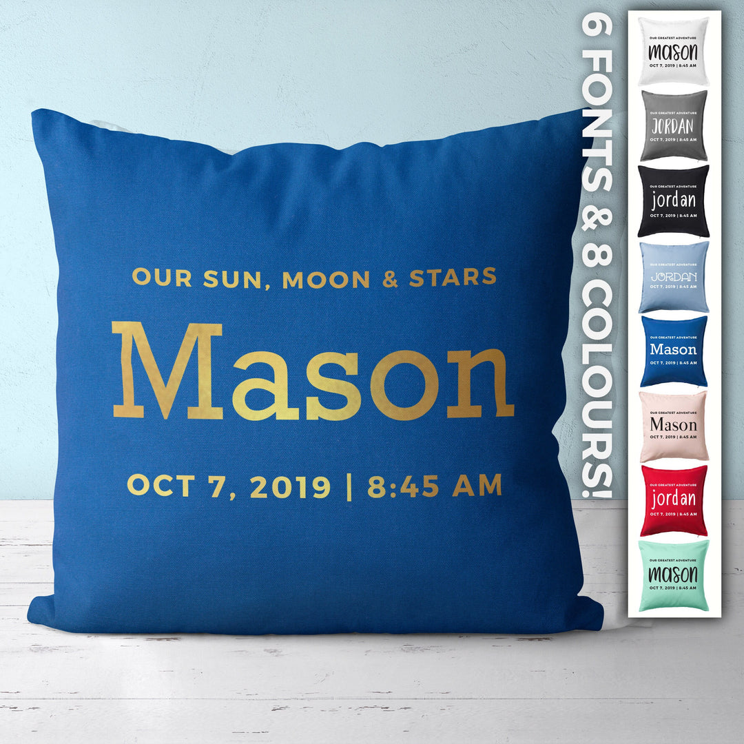 Custom Nursery Pillow with baby name, Our Sun, Moon & Stars throw pillowcase, baby shower gift, customizable pillow personalized