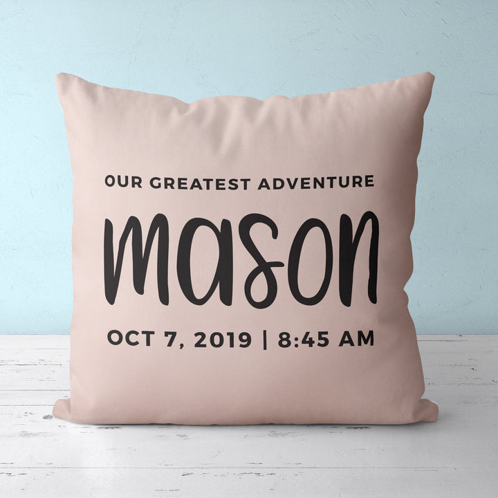 Custom Nursery Pillow with baby name, Our Greatest Adventure throw pillowcase, baby shower gift customizable pillow personalized
