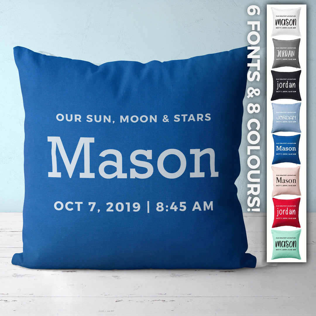 Custom Nursery Pillow with baby name, Our Sun, Moon & Stars throw pillowcase, baby shower gift, customizable pillow personalized