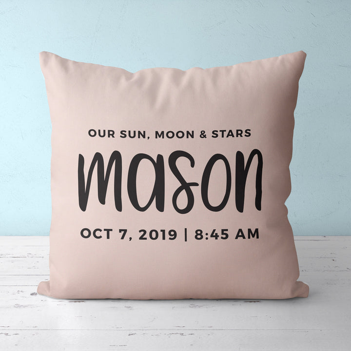 Custom Nursery Pillow with baby name, Our Sun, Moon & Stars throw pillowcase, baby shower gift, customizable pillow personalized