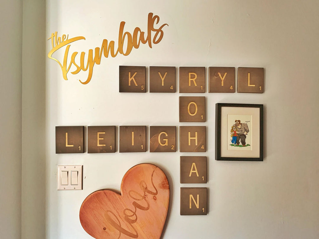 Large Engraved Letter Tiles, Custom Family Name Sign, Customized for Family Living Room Decor, Game Room Wooden Tiles, Family Sign