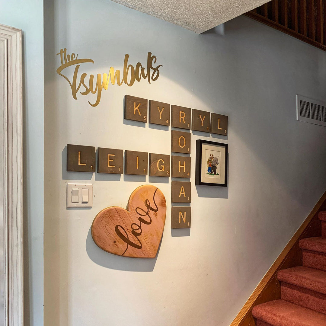 Large Engraved Letter Tiles, Custom Family Name Sign, Customized for Family Living Room Decor, Game Room Wooden Tiles, Family Sign