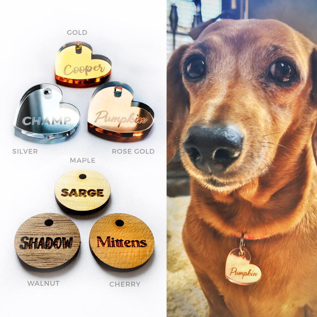 Custom Mirror or Wood Pet Tag, Personalized Cat and Dog Pet ID Tags, Pet Gift, Customized Lost Pet Tag, Rose gold, Gold, Silver Mirror