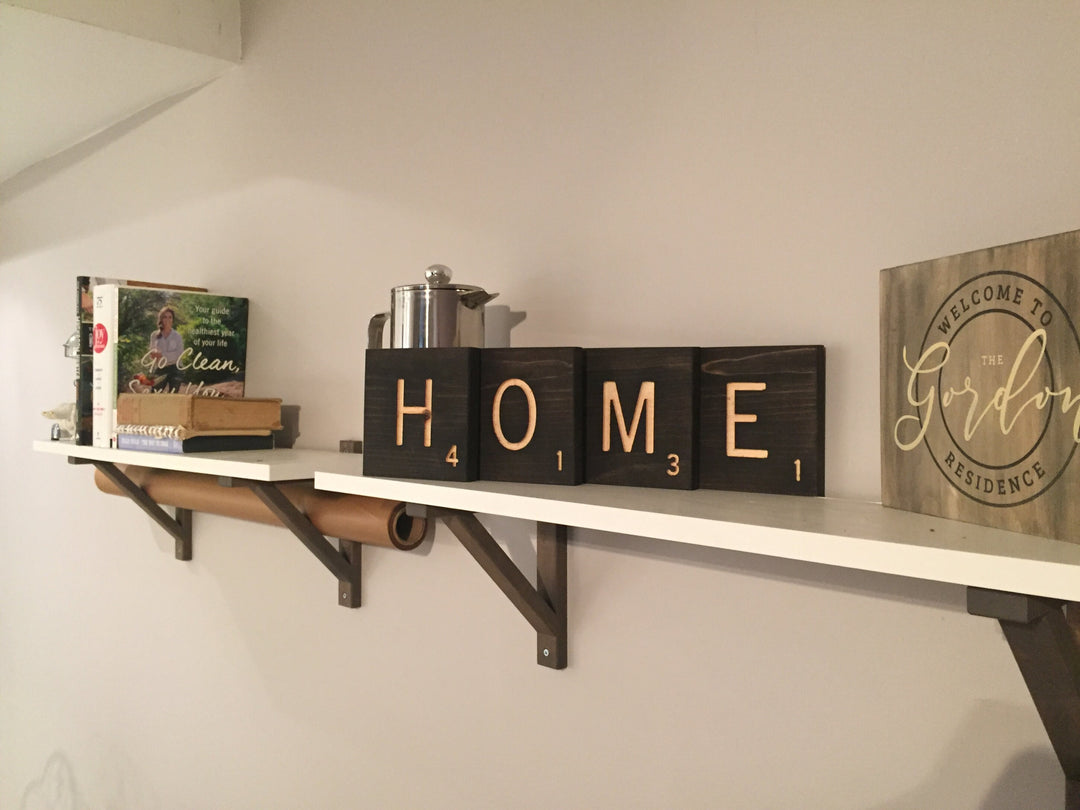 Large Wooden Word Letter Tiles - HOME Wall Letters Customizable - Engraved Pine Family Room Sign, 5x5" Wood Square Letter Decor