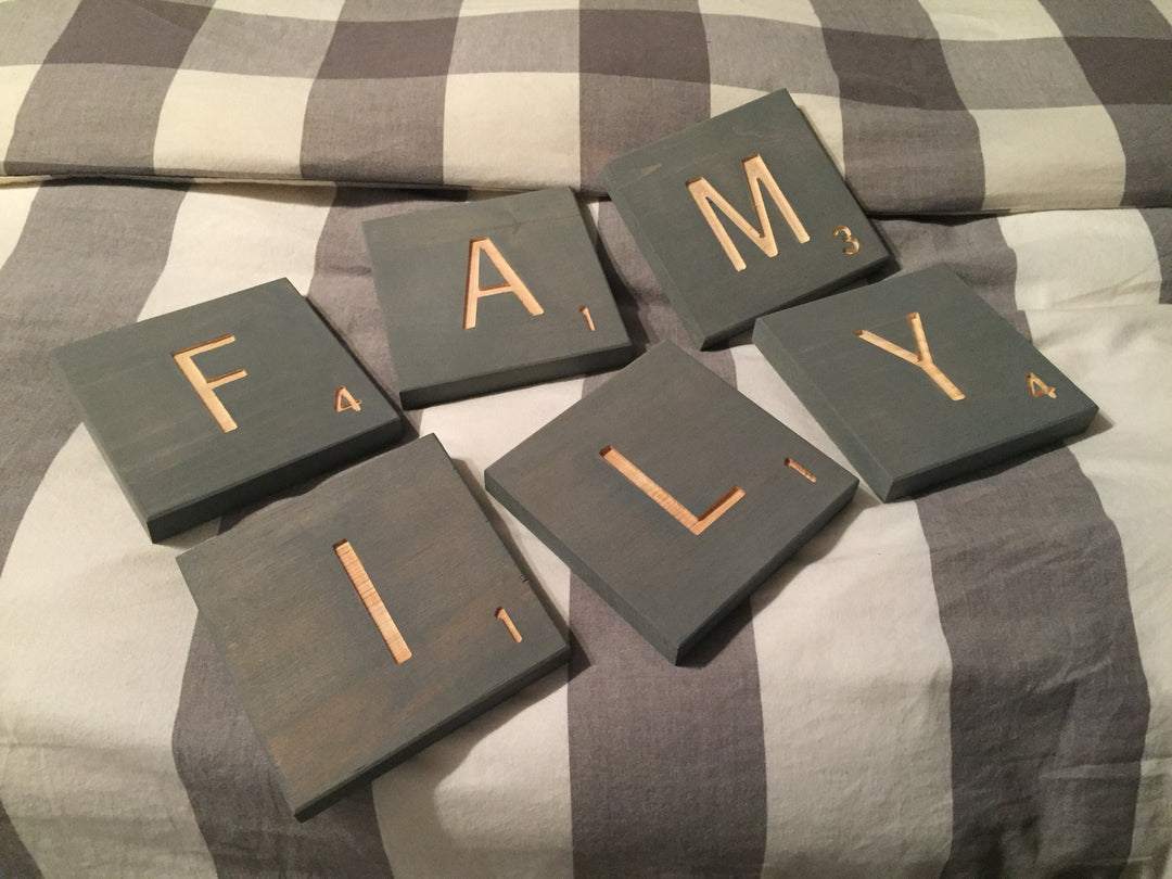 Large Wooden Word Letter Tiles - Wall Letters Customizable - Engraved Pine Family Room Sign, 5x5" Wood Square Letter Decor