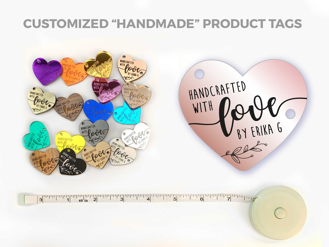 Custom Handmade Heart Shaped Tags 'Handcrafted with Love' Product Tags, Personalized Buttons, Knitted, Crochet Items, Wood, Mirrored Acrylic