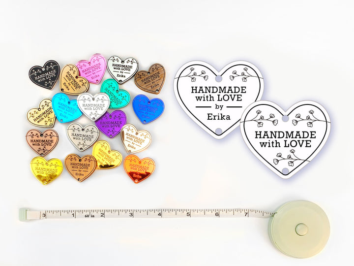 Custom Heart Shaped Tags 'Handmade with Love' Floral Product Tags, Buttons, Knitted, Crochet Items in Wood, Mirrored Acrylic Plastic
