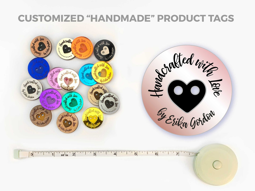 Custom Handmade Button Product Tags 'Handcrafted with Love' Round, Personalized Circular, Knitted Crochet Items, Wood Mirrored Acrylic