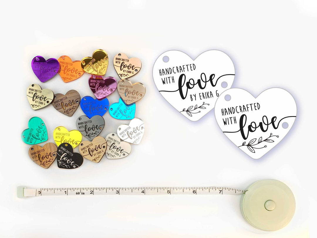 Custom Handmade Heart Shaped Tags 'Handcrafted with Love' Product Tags, Personalized Buttons, Knitted, Crochet Items, Wood, Mirrored Acrylic