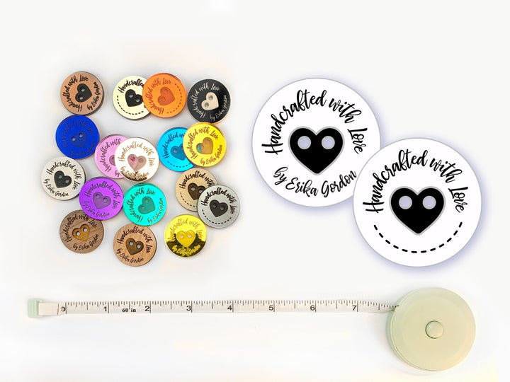 Custom Handmade Button Product Tags 'Handcrafted with Love' Round, Personalized Circular, Knitted Crochet Items, Wood Mirrored Acrylic