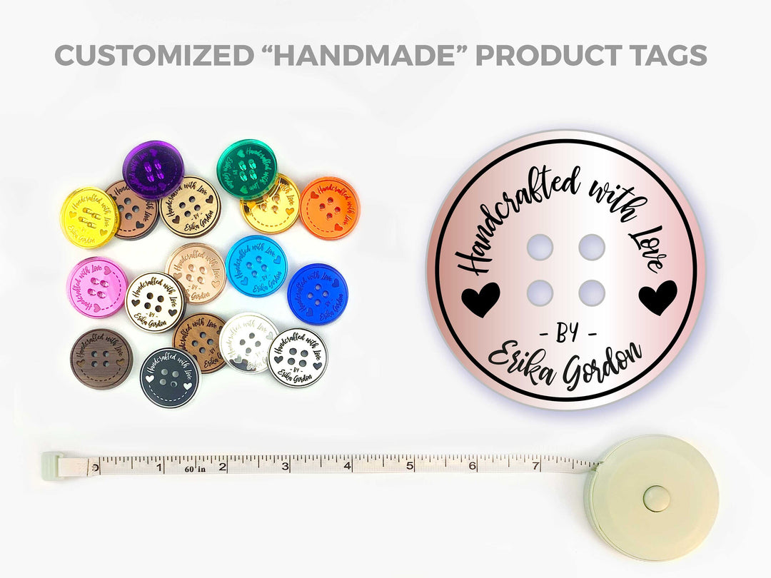 Custom Product Tags 'Handcrafted with Love' Round Button Shaped Personalized Circular Buttons, Knitted Crochet Items, Wood Mirrored Acrylic