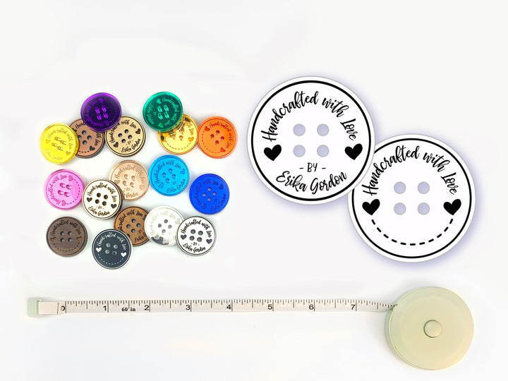 Custom Product Tags 'Handcrafted with Love' Round Button Shaped Personalized Circular Buttons, Knitted Crochet Items, Wood Mirrored Acrylic