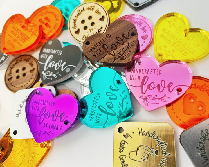 Custom Handmade Heart Shaped Tags 'Handcrafted with Love' Product Tags, Personalized Buttons, Knitted, Crochet Items, Wood, Mirrored Acrylic