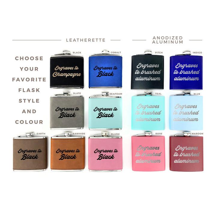 Custom Name Flask - Engraved Family Thirst Aid Personalized Christmas Stocking Stuffer Gift, Cruelty-Free Leatherette or Anodized Aluminum