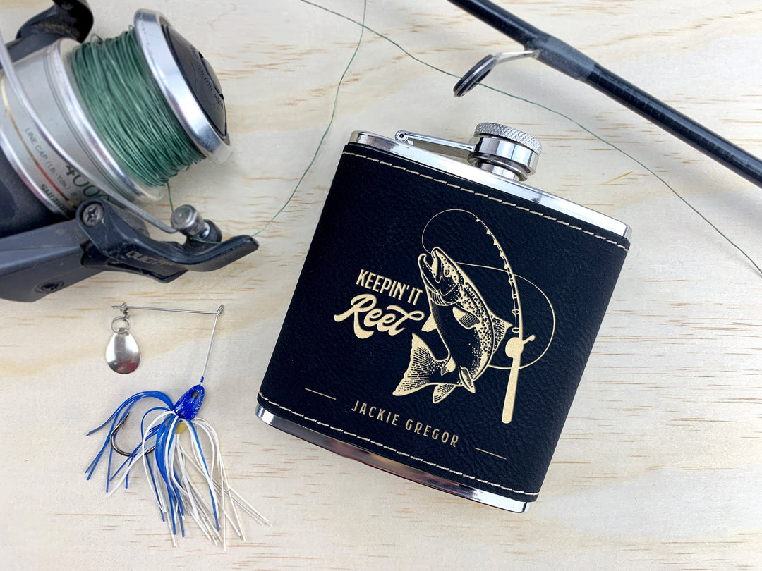 Custom Engraved Flask, Personalized Fishing Gift, Fisherman Gifts - Cruelty-Free Leatherette or Anodized Aluminum "Keepin it Reel"