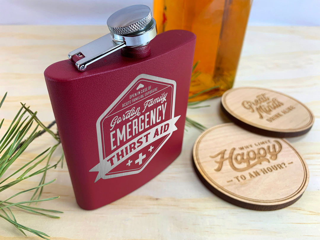 Custom Name Flask - Engraved Family Thirst Aid Personalized Christmas Stocking Stuffer Gift, Cruelty-Free Leatherette or Anodized Aluminum