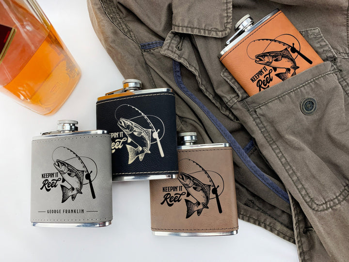 Custom Engraved Flask, Personalized Fishing Gift, Fisherman Gifts - Cruelty-Free Leatherette or Anodized Aluminum "Keepin it Reel"