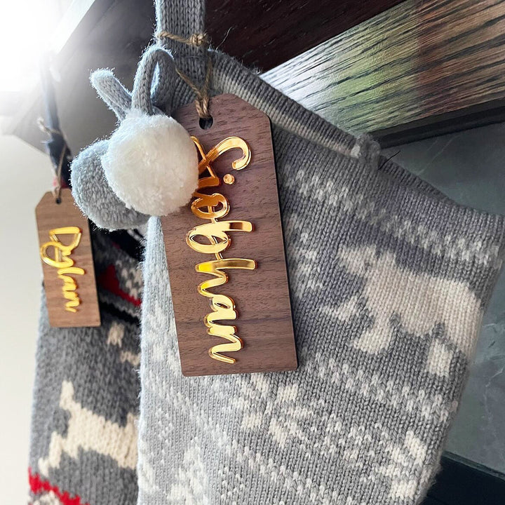 Custom 3D Christmas Stocking or Gift Tags, Personalized Metallic + Wood, Hanging Name Tag for Christmas Socks, Xmas Mantle Decor