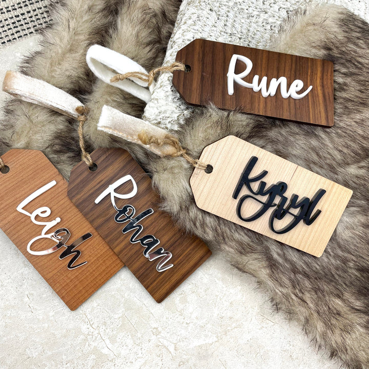 Custom 3D Christmas Stocking or Gift Tags, Personalized Metallic + Wood, Hanging Name Tag for Christmas Socks, Xmas Mantle Decor